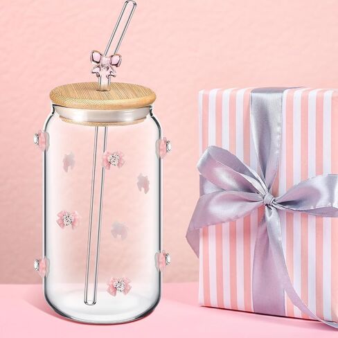 Hoolerry Coquette Aesthetic Cup, 16 oz Dainty Pink Glass Cup with Lid and Straw, Vintage Bows Coquette Inspired Aesthetic Drinking Jar for Women Valentine's Day Birthday Gift(Bow Plant) in Saudi Arabia