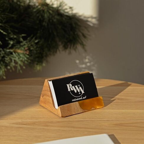 RWA Unique Business Card Holder for Men & Women - Stylish Durable Business Card Stand - Premium Desktop Business Card Holders - Epoxy Wood Desk Accessory Organizer Handcrafted - BASIC, black in Kuwait