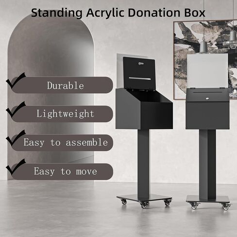 MOOFI Suggestion Box with Lock, Acrylic Ballot Box with Locking Casters, Floor Standing Donation Box for Charity, Voting, Church & Event Fundraising, 13.78"x13.78"x13.78", Black in Saudi Arabia