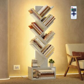 Hoctieon 6 Tier Tree Bookshelf, Tall Bookcase, Freestanding Book Shelf with LED Lights, Display Floor Standing Storage Shelf, Book Organizer Shelves for Home Office, Living Room, Rustic Brown
