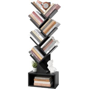 Hoctieon 9 Tier Tree Bookshelf, Tall Bookcase with Drawer, Wood Book Shelf, Modern Floor Standing Bookshelves, Book Organizer Shelves for Bedroom, Living Room, Home Office, Greige