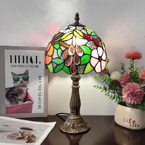 Tiffany Table Lamp 3-Way Light Handmade Bedside Lamp Small Desk Night Lamp Stained Glass Antique 15inch Tall Desk Light for Home Office Bedroom Living Room Study Room, Blue