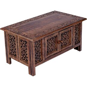 Hand-Carved Wooden Coffee Table – 36" x 18" Rectangular Mango Wood Center Table with Storage, White Antique Finish, Living Room & Accent Table