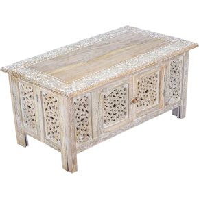 طاولة قهوة خشبية منحوتة يدويًا-36 "× 18" طاولة مركزية مركزية مستطيلة مع التخزين ، والانتهاء من أبيض ، وغرفة معيشة وطاولة لهجة in Kuwait