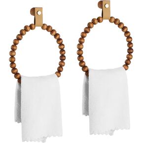 2 Pcs Handmade Boho Towel Rack Bead Round Wood Towel Ring Wall Mounted Boho Bathroom Decor Wooden Bath Towel Rings Rustic Farmhouse Hand Towel Holder for Bathroom Kitchen Wall Decor Stand Accessories