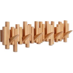 Wooden Coat Rack Wall Mounted Sticks Multi Rack Solid Handmade Natural Walnut Wood Artwork with 6 Flip-Down Unique Modern Hooks for Coats Bag Hat Umbrella