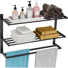 Towel Racks for Bathroom 24 Inch, 2 Tier Towel Shelf with Double Towel Bar, Stainless Steel Bath Towel Rack Wall Mounted, Towel Holder Towel Storage Rack for Bathroom, Brushed Nickel