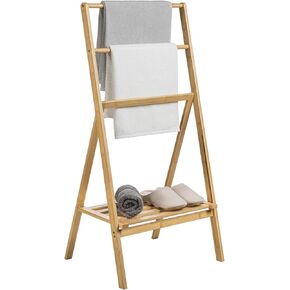 MyGift 43 Inch Light Brown Solid Bamboo Freestanding Towel Rack, Bathroom Folding Towel Drying Stand with Bottom Storage Shelf