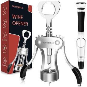 4-in-1 Wine Opener Set, Zinc Alloy Wing Corkscrew Wine Bottle Opener with Vacuum Stopper & Aerator Pourer, Manual Cork Screw Wine Beer Cap Bottle Opener with Non-slip Handle for Wine Lover