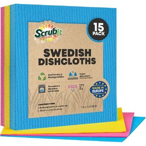 SCRUBIT Swedish Dishcloths for Kitchen - 15 Pack - Ultra Absorbent Paper Towels for Kitchen, Washing Dishes, and More - Reusable Cellulose Sponge Cloths (Assorted Colors)