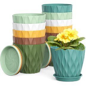 12 Pack 4 Inch Small Plant Pots with Saucers, 3D Textured Plastic Planters with Drainage Holes for Indoor and Outdoor Plants, Flowers, Herbs, Succulents, and Seedlings, Colorful