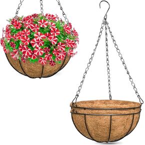 ZeeDix 2 Pack 14 Inch Metal Outdoor Hanging Baskets & Planters for Plants - Heavy Duty Round Garden Planters with Coconut Liners for Flowers, Vegetables