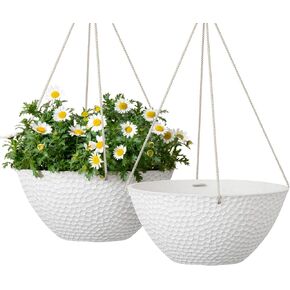 LA JOLIE MUSE Hanging Planters for Indoor Plants, Medium Hanging Planters with Drain Holes, Outdoor Hanging Flower Pots, Matte Black, Honeycomb (10 Inch, Set of 2)