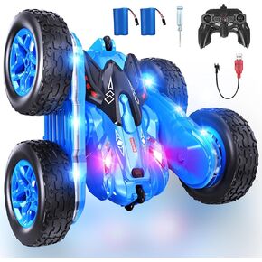 Remote Control Car, RC Cars with Strip Lights and Headlight, 2 Hours Long Battery Life, 4WD Double-Sided 360° Flips Rotating Stunt RC Car Toys, Birthday Gift for Boys Girls (Green)
