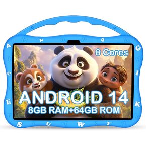 Kids Tablet, 10.1 inch Tablet for Kids 3-10, Educational Learning Toddler Tablet Android 14, （4+4） 8GB RAM+64GB ROM Storage, 5G WiFi, Baby Girl boy Gift (Blue)