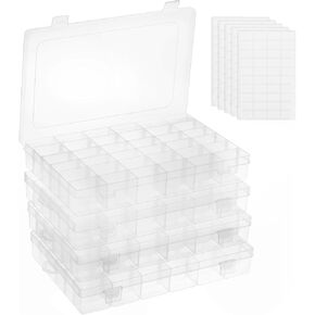 OUTUXED 2 Pack 36 Grids Clear Plastic Bead Organizer Box, Fishing Tackle Box Compartment Organizer with Adjustable Dividers for Jewelry, Art Craft, Bead Storage Containers with 5 Sheets Label Stickers