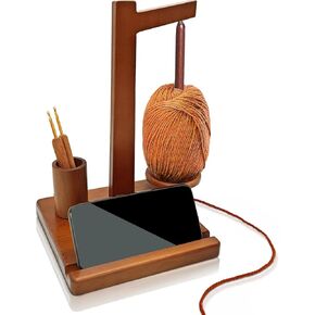 TTFP Wooden Yarn Holder for Crocheting and Knitting with Phone Stand, Crochet Accessories Storage Yarn Ball Spinner