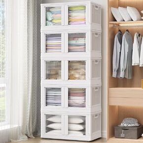 3Pack 300QT Total Plastic Storage Bins With Lids, 75Gal Total Stackable Containers With Wheels, Folding Closet Organizers, Collapsible Cabinet with Doors for Closet Home Dorm, V6 White