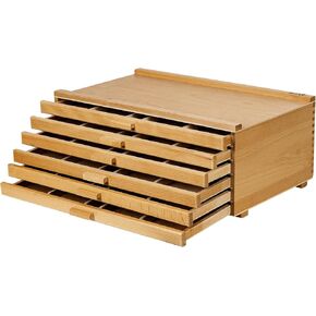 6-Drawer Art Supply Storage Box, Portable Beech Wood Organizer with Removable Dividers for Brushes, Pastels, Markers, and Other Art Tools, Natural
