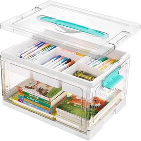 VTOPMART 24 QT منظمو الحرف البلاستيكية الشفاف وصندوق التخزين مع صواني قابلة للإزالة ومقسمات ، ومنظمي الإمداد الفني والتخزين ، والحاويات المثالية للكتب ، والألعاب ، واللوازم الحرفية ، 1 حزمة
