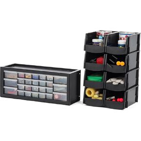 IRIS USA 26 Drawer Parts and Hardware Cabinet + 11" x 6" x 5" Medium Plastic Open Front Stackable Storage Bin, 8-Pack, Stackable Craft Supplies Cabinet Classroom Office, Black