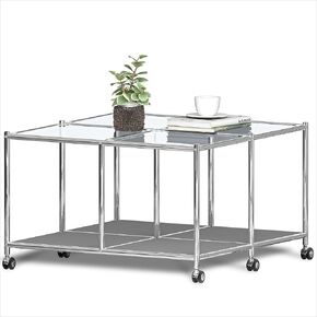 Matte Coffee Table with Open Storage, Square Tempered Glass Storage Rolling Coffee Table, Modern Design for Living Room, Meeting Room (White) in Saudi Arabia