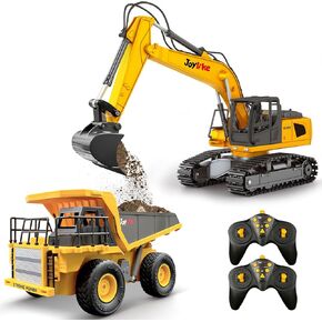 RC Excavator and Dump Truck Toy Set，2.4Ghz Metal Remote Control Construction Vehicle with Light&Sound, Best Christmas Toy for Boys 8+Year Old Kid