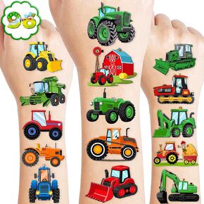 96 PCS Tractor Farm Farmhouse Pre-Cut Temporary Tattoos for Kids | Super Cute Theme Birthday Party Favors, Supplies, Decorations, Green Red Fake Tattoo Stickers, School Rewards & Gifts Boys & Girls