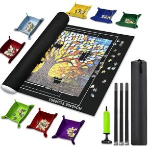 Puzzle Roll Mat Puzzle Storage Puzzle Saver with 8 Colored Sorting Trays Storage Bag Pump Jigsaw Felt Mat with Anti-Leak Tube & 3 Elastic Bands Portable Puzzle Keeper (3000pcs Black)