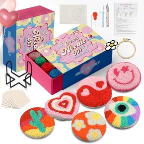 yuegool 6PCS Punch Needle Coaster Kit,Easy DIY Embroidery Set for Beginners, Kids & Adults,Mother's Day Gift with Patterns, Tools, Yarns, Hoop, Instructions & Coaster Holder