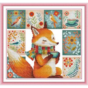 Stitchhaven 14CT Cute Animal Counted Cross Stitch Kit for Beginners, Unprinted Complete DIY Embroidery Set with Pattern & Tools, Premium Aida Cloth & Threads (The Fox Drinking Coffee)