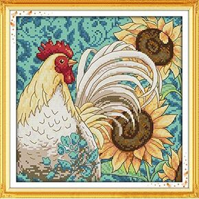 CrossNest 14CT Animal Counted Cross Stitch Kit for Beginners, Unprinted Complete DIY Embroidery Set with Pattern & Tools, Premium Aida Cloth & Threads (Five Happy Little Roosters)