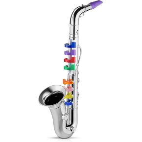 Lewtemi Silver Saxophone Musical Instruments Toy for Kid Toddler Fake Plastic Preschool Music Toy Gift Portable Wind Instrument Early Educational Teaching Songs Toy Gifts for Toddlers Children