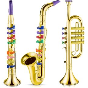 Lewtemi Set of 3 Saxophone for Kids Musical Instruments Toy Saxophone Toy Trumpet and Clarinet with 8 Colored Coded Keys Teaching Songs Gifts for Toddlers Children(Gold)