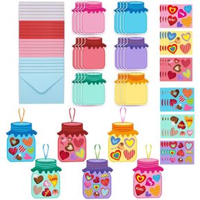 24 Pack Valentine's Day Heart Craft Kits for Kids DIY Heart-Shaped Card Kits with Stickers and Envelopes Valentines Day Hanging Multicolor Hearts Crafts for Classroom Activity Decoration