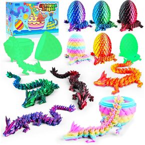 6PCS 3D Printed Easter Dragon Eggs with 3D Printed Dragon Inside, Easter Basket Stuffers Mini Dragon Egg Set Articulated Crystal Dragon Fidget Toy for Adults Teens