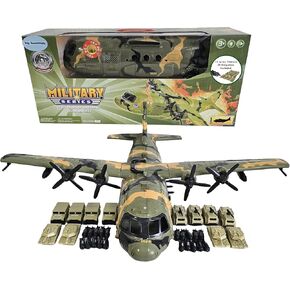 Large Military 21-Inch Cargo Plane C130 Bomber Combat Air Force with Working Doors 20 Bombs and 12 Military Army Vehicles