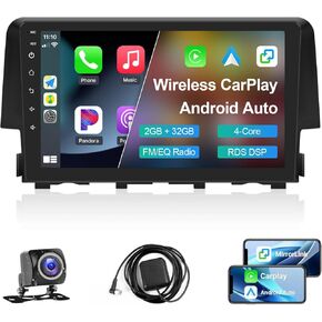 Leadfan Android Car Stereo for Honda Civic 2016 2017 2018 2019 2020 2021 Radio Wireless Carplay Android Auto, 9 Inch IPS Civic Touch Screen Head Unit Player WiFi GPS Navi Bluetooth Rear Camera SWC