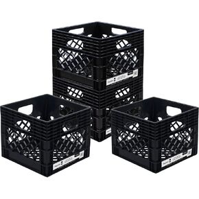 Authentic Milk Crate, 4 Pack - Heavy-Duty Storage Crate, Easy-Grip Handles, Versatile Storage Crate Box, 13" L x 13" W x 11" H, Black, Medium