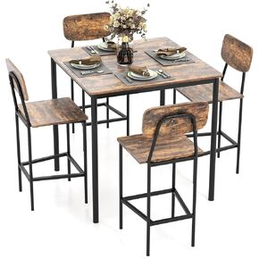 Nightcore 5-Piece Dining Table Set, Counter-Height Dining Table Set with 1Table & 4 Chairs, Comfortable Bar Stools, Industrial Kitchen Dining Set for Pub, Dining Room, Restaurant (Grey Oak)