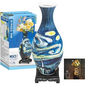 3D Puzzles Vase for Adults, Mothers Day Mom Gifts, Crafts for Adults, 160 Pieces Plastic DIY Unique Flower Vase with LED Light House Warming Gift for Flower Arrangements and Home Decor (Blue)