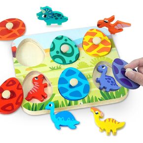 Dinosaur Wooden Peg Puzzle Montessori Toys Gifts for Toddler Baby 1 2 3 Year Old, Airplane Car Travel Essential Activities Learning Color Sorting Educational Toy for Kids Boy Easter Basket Stuffers