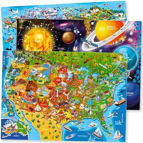 QUOKKA Puzzles for Kids Ages 4-6 - 3 Set 100 Piece Puzzles for Toddlers 3-5 - Learning Map of The United States World Space Puzzle - Educational Games for Kids 6-8 - Toys for 3 Year Old Boys and Girls