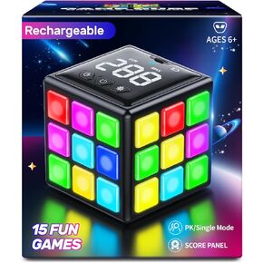 Rechargeable Game Cube - 15-in-1 Fun Brain Memory & Speed Games for Kids - Christmas Easter Birthday Gifts for Boys Girls Ages 6-12+ Years Old - Toys for Kids Teens with Score Screen (Black)