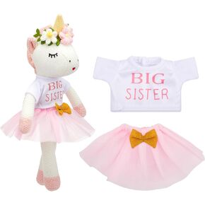 Big Sister Gift for Girls 17 Inches Unicorn Stuffed Plush Doll Short Sleeve Top and Pink Tutu Skirt Gifts for Girls Toddler
