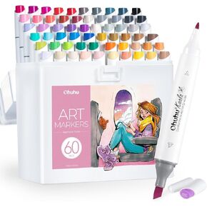 Ohuhu Alcohol Markers: 60 Colors Slim Broad and Fine Double Tipped Kaala Marker for Artists Adults Coloring Drawing Cartoon Anime Comic - Professional Art Pens with Ink Refillable Giftable Pen Set