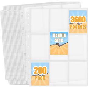 9 Pocket Card Binder Sleeves,200 Pack Trading Card Binder Sheets Holds 3600 Collectible Cards,Premium Protector Pages for 3 Ring Binders, Compatible with Sports, TCG, Business & Gaming