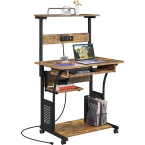 Yaheetech 3 Tiers Rolling Computer Desk on Wheels with Charging Station and Keyboard Tray, Mobile Home Office Desk PC Laptop Workstation with Power Outlet and USB Ports for Home Studying, Rustic Brown