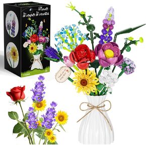 Flowers Bouquet Building Set, Botanical Collection Artificial Plants with Vase, Rose, Sunflower, Hydrangea, Jasmine for Home Decor, Gifts for Mother's Day Anniversary Adults Kids Women Girls