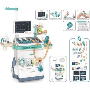 Serena & Jewel Kit for Kids 26 Associory Printend Medical Station مجموعة عربة متنقلة مع الأضواء ، مقياس الحرارة ، سماعة الطبيب ، لعب الأدوار التعليمية للأولاد والبنات (26 ٪)
